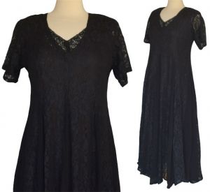 90s Black Chantilly Lace Dress With Chiffon Panels, Starina Roses Floral Dress and Under Dress Set
