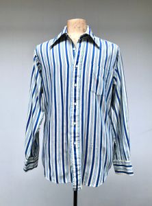 Vintage 1970s Blue Beige Striped Cotton Blend Dress Shirt, 16 1/2 Neck 35 Sleeve, X Large 48'' Chest - Fashionconstellate.com