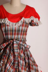 1970s Red, Brown and White Plaid Short Sleeve Ruffle Prairie Western Cottagecore Square Dance Dress  - Fashionconstellate.com