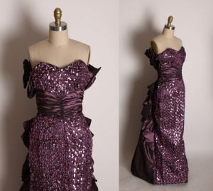 1980s Dark Purple Strapless Full Length Formal Cocktail Sequin Bombshell Wiggle Dress by Gunne Sax