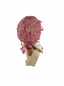 1920s boudoir cap sleeping hat pink crocheted with ribbon and netting - Fashionconstellate.com