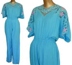 90s Bali Crochet Embroidered Cutwork Jumpsuit, Turquoise Blue, New With Tags, NWT, Size M to L