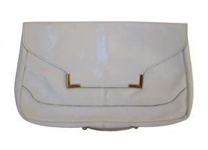 80s White Leather Clutch Purse, Gold Tone Metal Trim, Minimalist White Handbag, Made in Haiti
