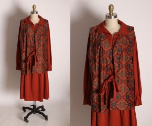 1970s Rust Red Brown Long Sleeve Pullover Dress with Matching Geometric Long Vest - XL