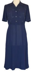 40s Navy Blue Rayon Day Dress Smocked Detail at Shoulder and Waist 3D Grosgrain Ribbon Embellishment