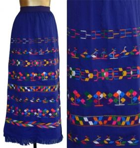 60s Hand Woven Guatemalan Skirt Horizontal 3-D Tribal Indian Little People Purple Cotton Skirt