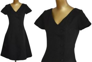50s Nicholas Ungar Dress, LBD, Black Day to Date Dress, Button Front, Bell Skirt, Below Knee Length - Fashionconstellate.com