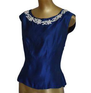 50s Hand Beaded Blouse, Faux Pearl Floral Beading, Navy Blue and White, Cropped Length, Size S to M - Fashionconstellate.com