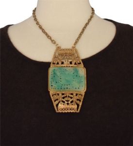 50s Vendome Style Asian Pendant Necklace, Large Faux Jade and Gold Tone Metal Statement Necklace - Fashionconstellate.com