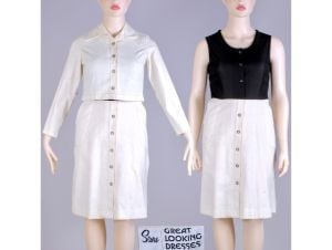 Vintage 70s Linen White Black Contrast Simple Pocket Dress w/Top 2-pc Set by Sears
