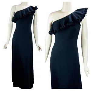 70s Black Knit One Shoulder Formal Gown by Up-Beat, Sz 9/10 