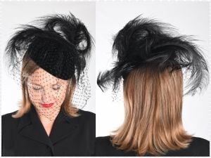 1940s Hat | Vintage 40s Velvet Veiled Feathers Tilt Hat Fascinator|Autumn Winter Black Plumes