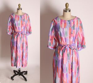 1970s Pink, Purple and Orange Half Sleeve Button Bodice Sheath Waist Tie Dress by A Nancy Frock