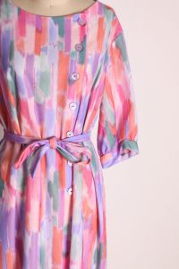 1970s Pink, Purple and Orange Half Sleeve Button Bodice Sheath Waist Tie Dress by A Nancy Frock - Fashionconstellate.com