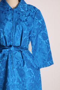 1960s Blue Brocade 3/4 Length Sleeve Full Length Formal Zip Up Front Belted Dress - XL - Fashionconstellate.com