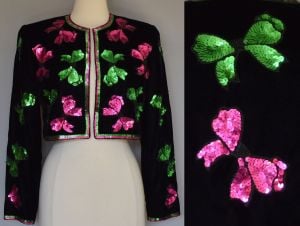 80s Sequined Butterfly Evening Jacket, Beaded Black Velvet, Open Front Cropped Cocktail Jacket