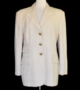 80s Escada Jacket, Margaretha Ley, Hourglass Blazer Jacket, Cream Wool Silk Blend, Size XL - Fashionconstellate.com
