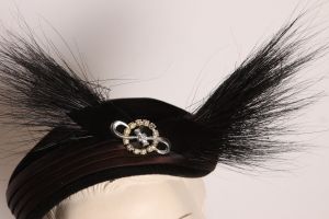 1940s 1950s Black Velvet and Egret Feather Rhinestone Detail Formal Hat - Fashionconstellate.com