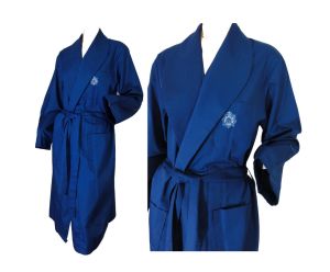 Men's Vintage 60s Robe Navy Blue Poly Cotton Dressing Gown Bathrobe BVD Brand Unisex | S