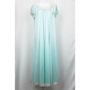 80s Nightgown Long Aqua Green Lace Trim Nylon by Val Mode | Vintage Misses S 