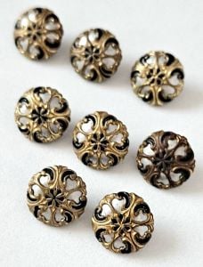 Antique Silver Gold Enameled Diminutive Black Buttons 1/2 Inch Set of 8