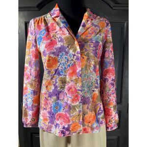 M/ 70’s Colorful Floral Chiffon Blouse, Impressionist Flower Print Top, Classy Chic Long Sleeve
