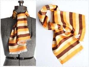 1950s Scarf | Vintage Striped Rectangular Scarf  by Halle Bros| Autumn Colors Brown Gold Pale Yellow