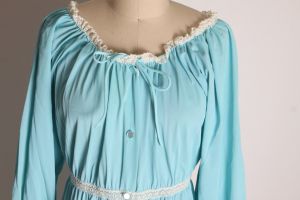 Late 1960s Turquoise Blue & White Lace Trim 3/4 Length Sleeve Full Length Button Up Nightgown Robe  - Fashionconstellate.com