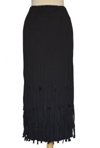 90s Black Rayon Crepe Skirt, Self Fabric Fringed Maxi Skirt, Crinkle Rayon Skirt, Bohemian Boho - Fashionconstellate.com