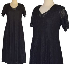 90s Black Chantilly Lace Dress With Chiffon Panels, Starina Roses Floral Dress and Under Dress Set - Fashionconstellate.com