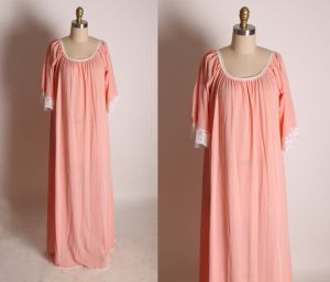 1960s Pink Half Sleeve White Lace Trim Full Length Night Gown - 1XL