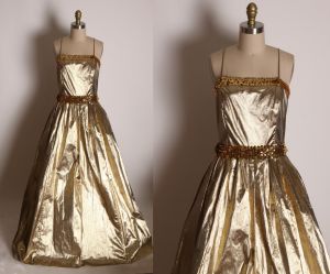 1970s Gold Lame Spaghetti Strap Full Length Gold Sequin Formal Prom Dress by JCPenney - S/M