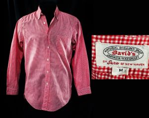 Men's Medium Oxford Shirt - 1950s Red Picnic Check Cotton Poplin - 50s Tailored Gingham Button Front