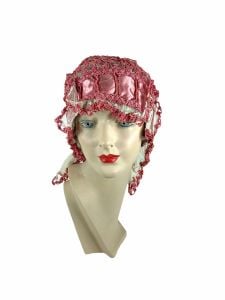 1920s boudoir cap sleeping hat pink crocheted with ribbon and netting