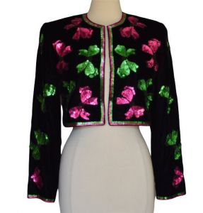 80s Sequined Butterfly Evening Jacket, Beaded Black Velvet, Open Front Cropped Cocktail Jacket - Fashionconstellate.com