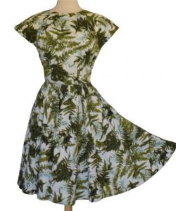 50s Fern Print Dress, Full Skirted Fit and Flare Cotton Dress, Plunging Square Back, Ole Borden  - Fashionconstellate.com