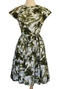 50s Fern Print Dress, Full Skirted Fit and Flare Cotton Dress, Plunging Square Back, Ole Borden 