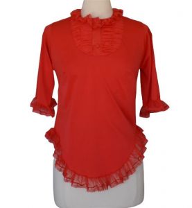 60s Red Pajamas, Chiffon, Lace and Nylon, Ruffle Front Top, Capri Pants, Lounging Set, Size XS to S - Fashionconstellate.com