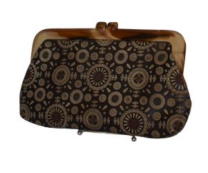 70s Tooled Brown Leather Clutch Purse Two Tone Brown and Taupe Stamped Embossed Purse Swirled Lucite - Fashionconstellate.com