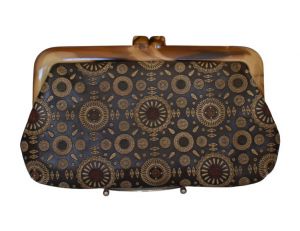 70s Tooled Brown Leather Clutch Purse Two Tone Brown and Taupe Stamped Embossed Purse Swirled Lucite