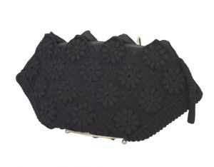 40s Black Corde Purse, Fan Shape Hand Crocheted Clutch Purse Wristlet, Wrist Strap, Zippered Top - Fashionconstellate.com