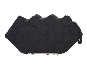 40s Black Corde Purse, Fan Shape Hand Crocheted Clutch Purse Wristlet, Wrist Strap, Zippered Top