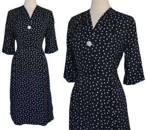 40s Cold Rayon Dot Print Dress, Cold Rayon Shirtdress, Navy Blue and White 1940s Dress, Size M  - Fashionconstellate.com