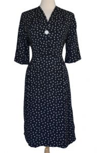 40s Cold Rayon Dot Print Dress, Cold Rayon Shirtdress, Navy Blue and White 1940s Dress, Size M 