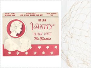 Authentic 1950s Hair Net by Vanity | Vintage Light Brown Nylon Hand Made Double Mesh Hairnet