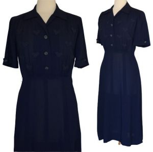 40s Navy Blue Rayon Day Dress Smocked Detail at Shoulder and Waist 3D Grosgrain Ribbon Embellishment - Fashionconstellate.com