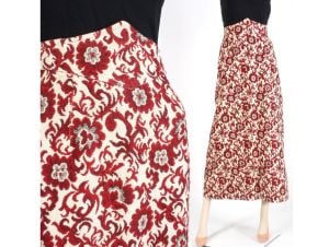 Vintage 1960s Size 5 Red White Tapestry High Wasp Waist Ankle Length Skirt | XS/S