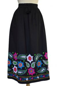70s East India Skirt, Floral Embroidered Black Cotton Midi Skirt, Adjustable Drawstring Waist - Fashionconstellate.com