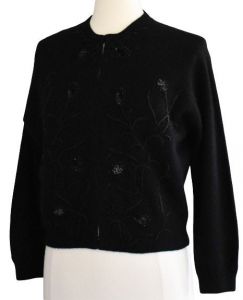 50s Hand Beaded Black Cardigan Sweater, Angora Blend Cardigan, Size L Large - Fashionconstellate.com