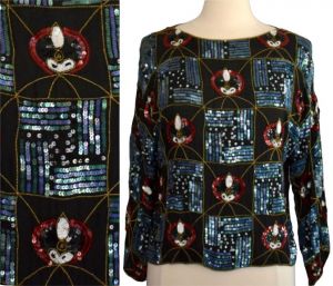 90s Sequined Black Silk Blouse, Art Deco Style 3-D Sequin Top, Designer Jennifer George New York